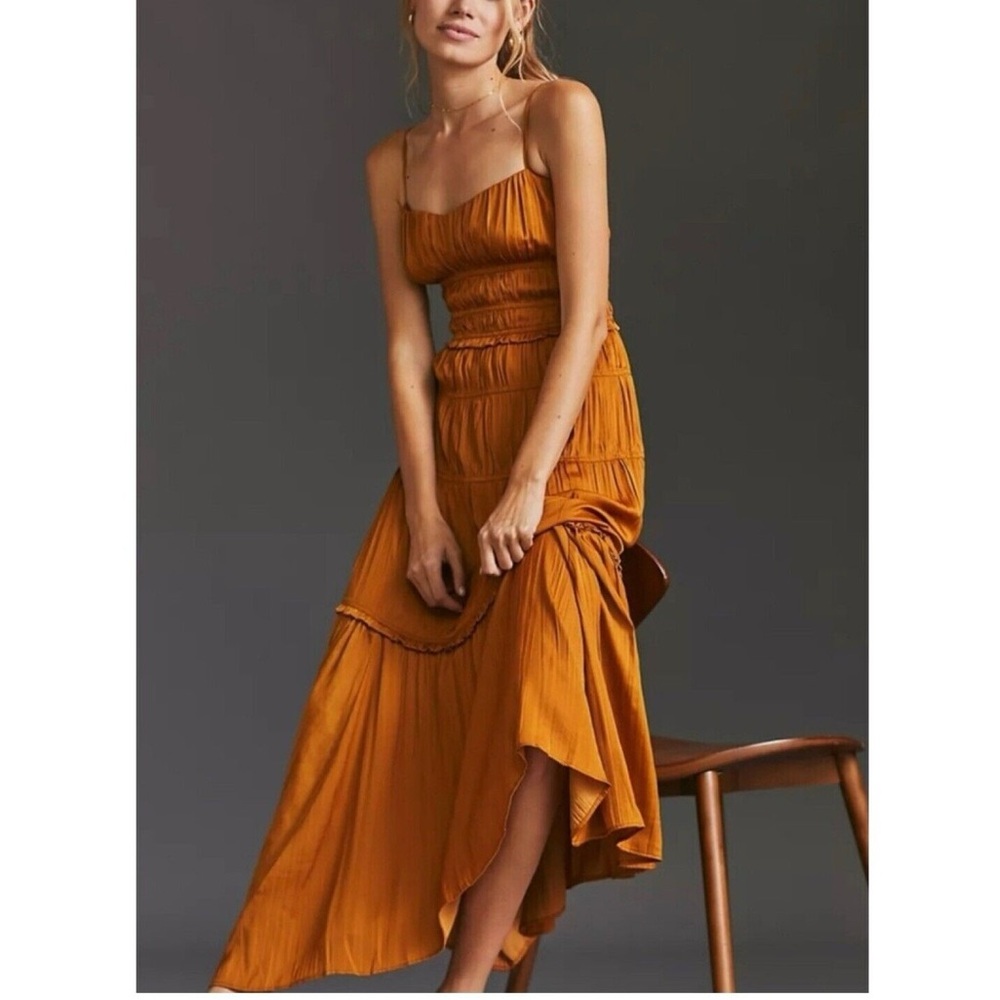 Anthropologie Rust Ruched Tiered Midi Satin Dress